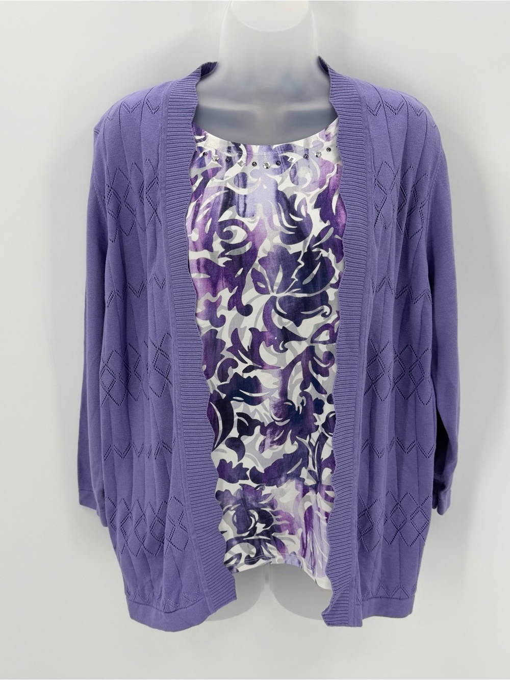 Alfred Dunner Cardigan 2-in-1 Combo Top Womens XL Purple Pointelle Knit Tee READ